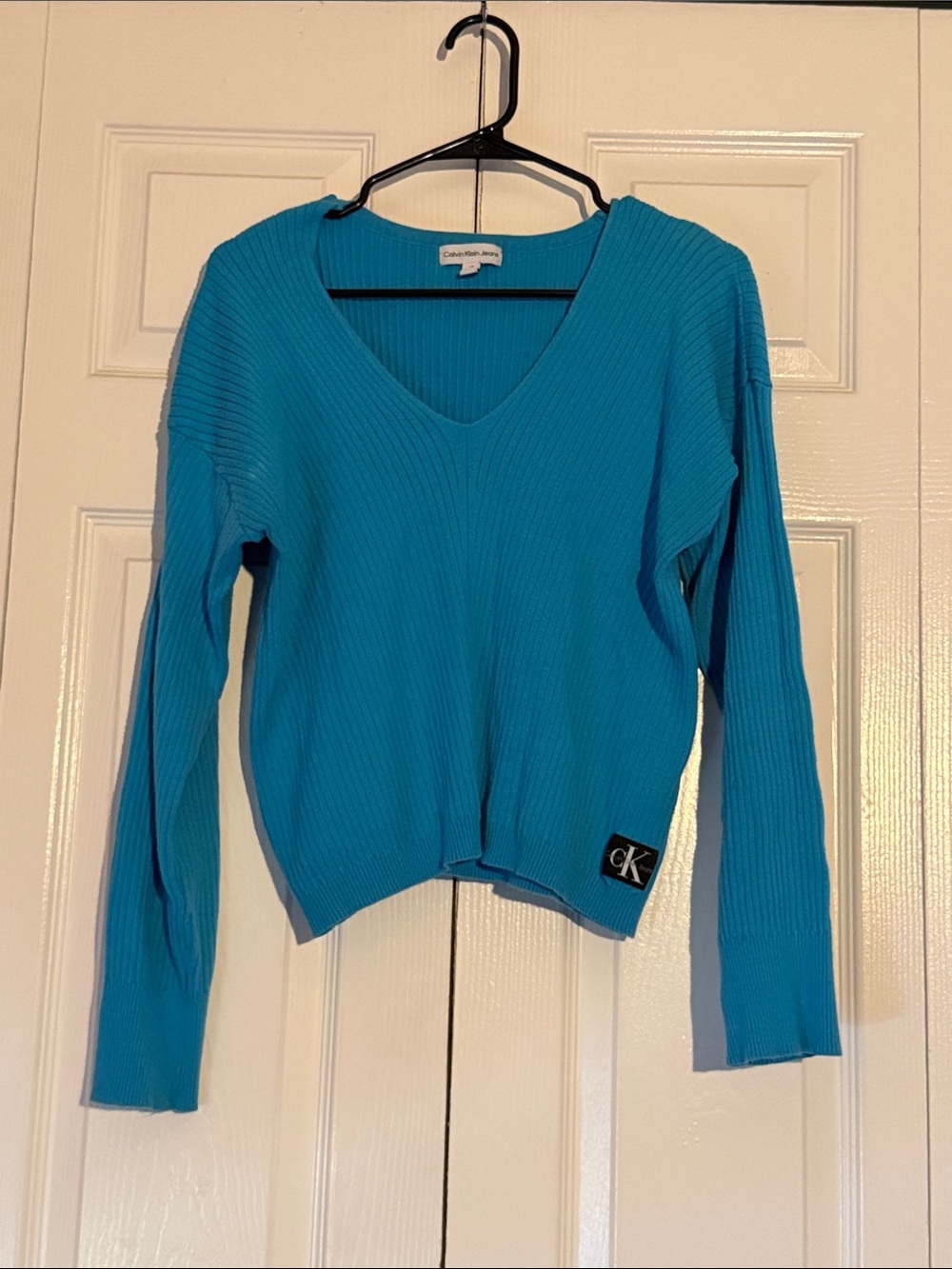 Calvin Klein Bright Teal Ribbed V-Neck Sweater